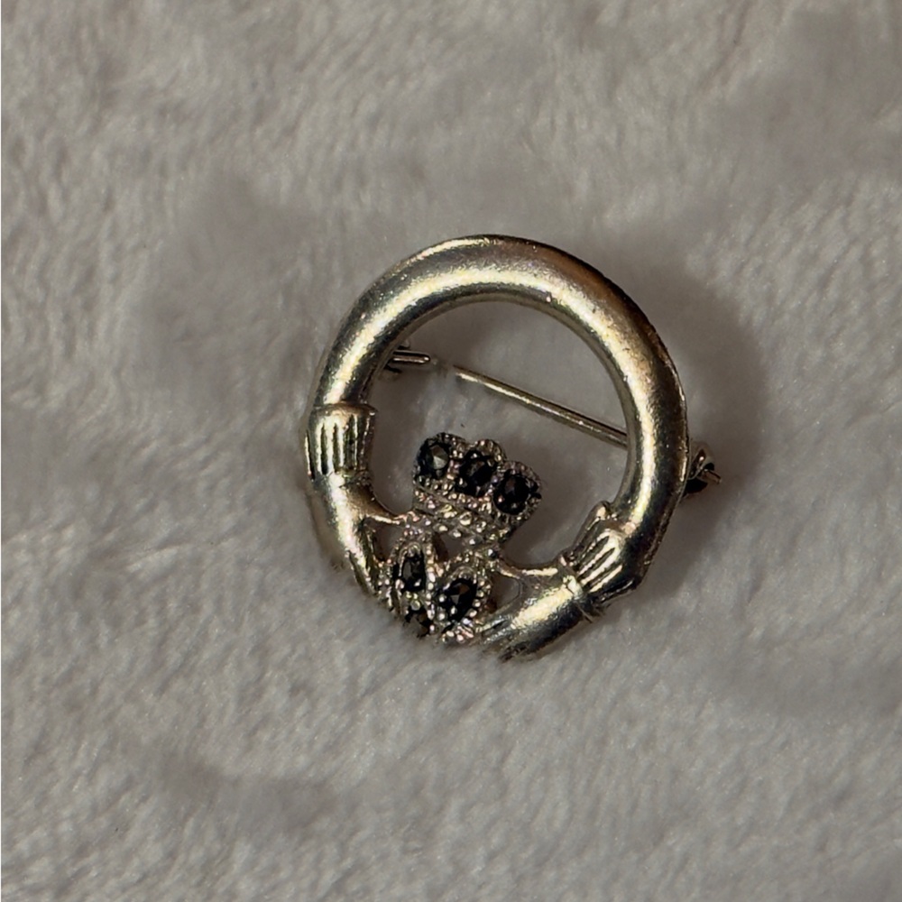 Sterling Silver Marcasite Claddagh Celtic Irish Brooch Lapel Pin